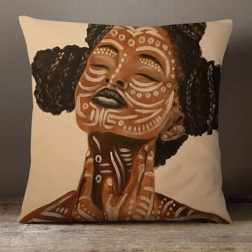 African Lady Girl Painting Cushion Cover Portrait Pillow Covers 45X45cm Beige Linen Pillow Case Sofa Chair Decoration