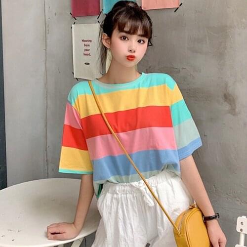 Rainbow T-shirt Female Korean Harajuku Casual Loose Rainbow Striped T Shirt