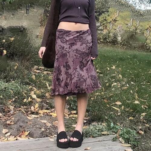 Vintage Brown Midi Skirts For Women Gothic Clothes Streetwear Mesh Ruffle Skirt Fairygrunge Floral Printing Long Skirts