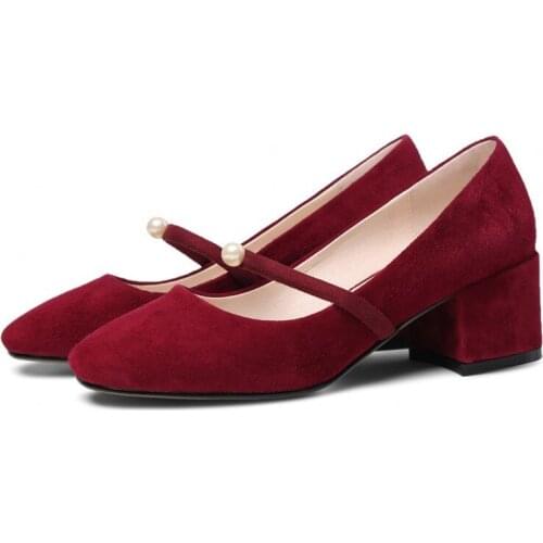 Chunky Mid Heel Pumps Women Shoes Plus Size 40 Runway Genuine Suede Leather Pearl Shallow Round Toe Ladies Shoes Zapatos Mujer
