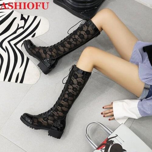 ASHIOFU Handmade 2020 Classic Ladies Block Heel Boots Lace Leather Autumn&Spring Mid-calf Boots Sexy Evening Fashion Black Boots