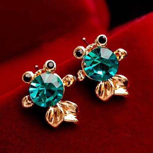 New Hot Fashion Fine Jewelry Gold Color Cute Sweet Crystal Green Lifelike Small Goldfish Stud Earrings For Women 2 Colors