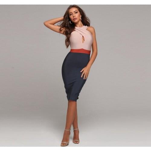 2020 Women Bandage Dress Dark Blue Patchwork Fashion Sleeveless Sexy Summer Sheath Vestidos Party Wholesale Dropshipping