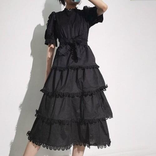 Ruffles Patchworl Bow Sashes Belt Women Ruffles Dress Puff Sleeves Good Quality Ball Gown Cake Long Dresses Clothes Vestidos