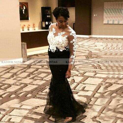 KADIER NOVIAS Long Sleeves Black White Mermaid Lace Prom Dresses 2021 Sheer Neck Lace Long Train Evening Gown Vestido De Fiesta