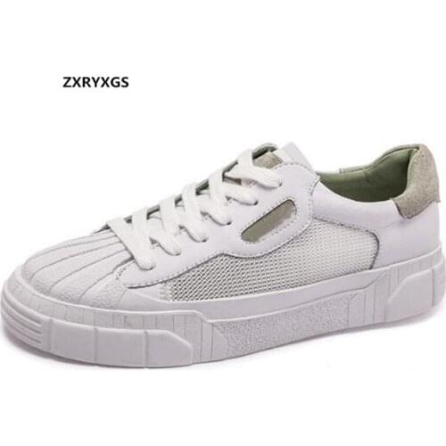 ZXRYXGS New Fashion Cowhide Mesh Breathable Shoes Woman Casual Sneakers 2020 New Lace-up Women Sandals Flat Shoes Casual Shoes