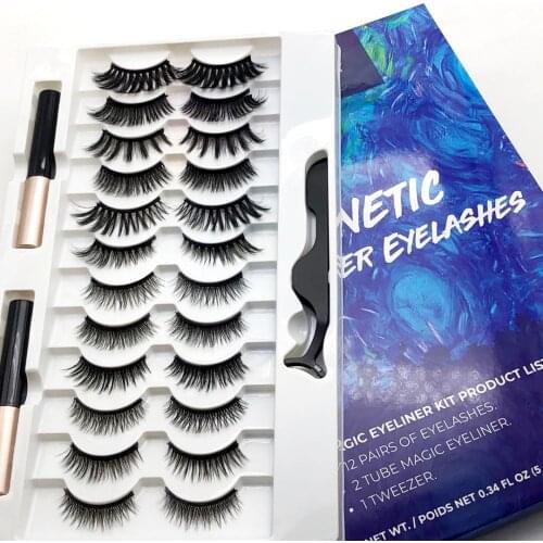 12 Pairs Magnetic False Eyelashes and Lash Tweezers with Waterproof Long Lasting Bottles Eyeliner Magnet Eye Extension Makeup