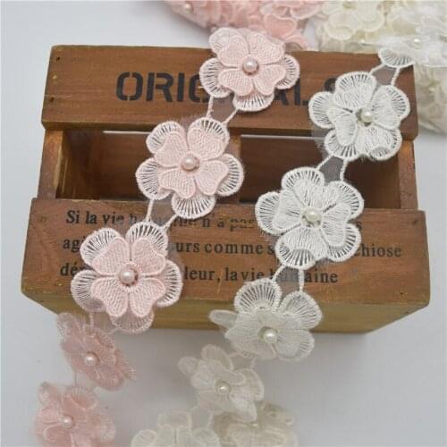 15yards Beaded Pearl cream white and shell pink Flower Lace Ribbon Applique Motif Trim Venise Sewing on craft