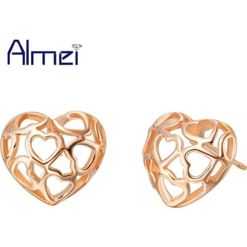 Almei Wholesale Exquisite Rose Gold Color Fashion Jewelry Love Heart Stud Earrings Zircon Earrings for Woman Gifts Shop R557