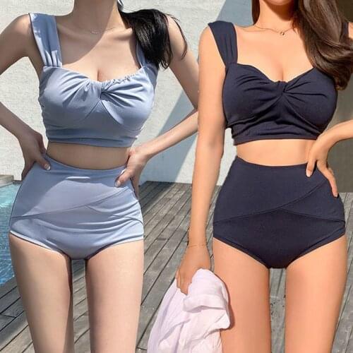 Bikinis 2021 Woman Japanese Separate High Waist Conservative Swimsuit Sexy Open Back Solid Cover Belly Hot Spring Bathe Swimwear