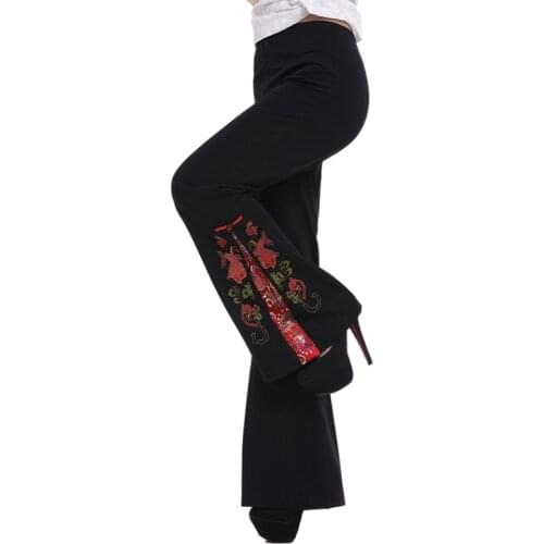 Middle aged women pants chinese style embroidery flowers women long trouser high waist wide leg flare pants plus size S-5XL