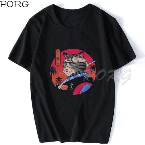 SAMURAI CAT Kawaii Japanese Cotton Mens T-shirt Cool Anime Shirt Cartoon T-shirt Aesthetic Harajuku Streetwear Camisetas Hombre