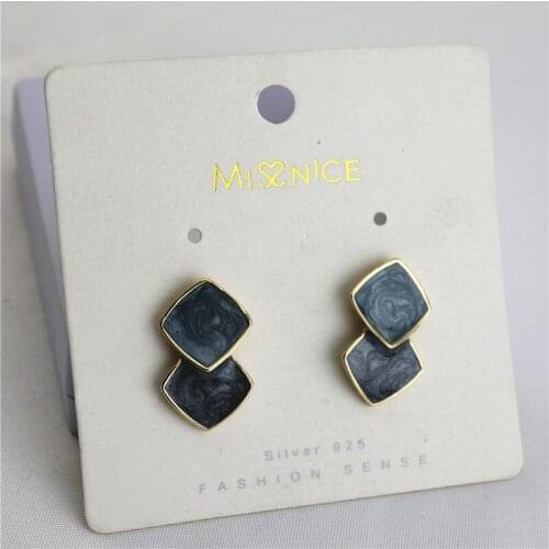 "Haze Blue" French 925 Silver Needle Earrings Female Palace Retro Geometric Square Contrasting Color Temperament Ear Clip Earrin