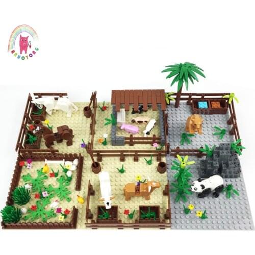 MOC Farm Zoo Assembly Building Block DIY Toy Stable Scene Panda Giraffe Tiger Animal Compatible Model Bricks Kids Gift