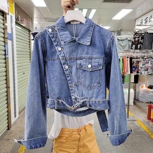 Spring Autumn New Korean Fashion Short Denim Jacket Coat Women Loose Washed Blue Outerwear Big Pocket Belt Jeans Jacket Female