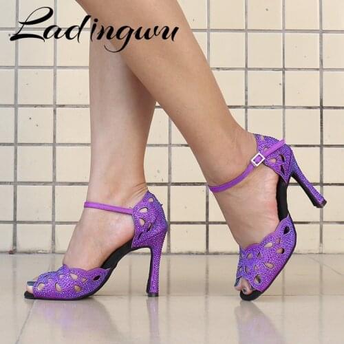 Ladingwu Woman Laser Rhinestone Latin Dance Shoes For Women Purple chameleon Satin Salsa Latin Shoes Sneakers Dance Shoes