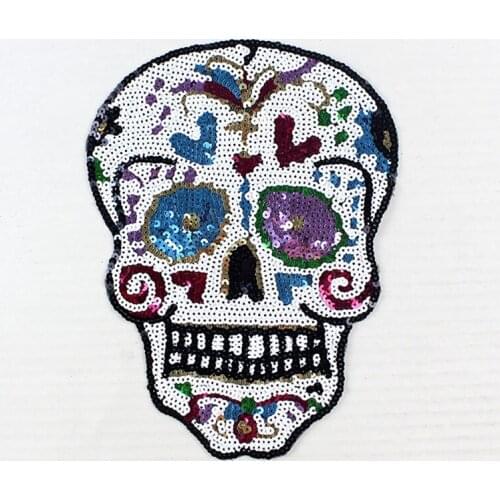 Fashion patch 26cm x 19cm colorful skull sequins diy women embroidery patches for clothing jeans jacket DIY applique