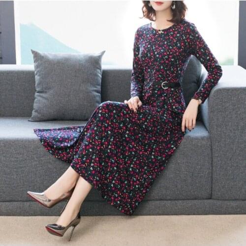 New round collar long sleeve waist closing slim dress floral knitting fashion autumn and winter dress female vestido women cloth