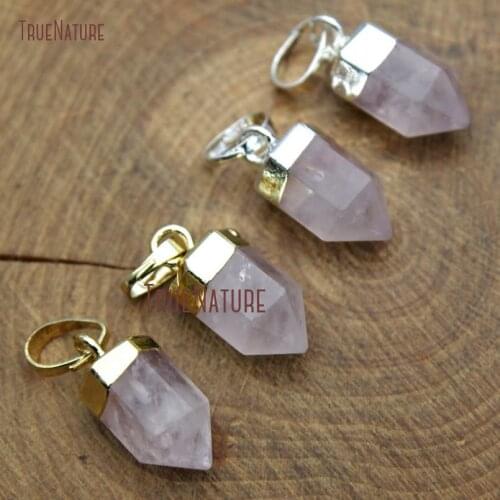 Wholesale Rose Quartzs New Pendants Copper Single Bail Hexagon Faceted Point Gold Color Pendant In 15*7 mm PM9818