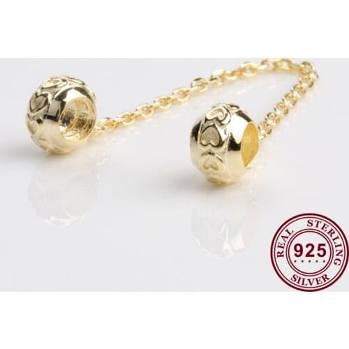 Original 925 Sterling Silver Golden Heart Chain Safety Chain Fit Pandora Women Bracelet & Necklace Diy Jewelry