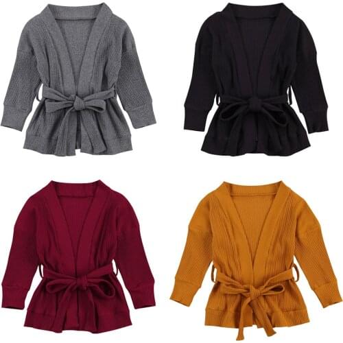 2-7Y Toddler Girls Boys Sweater Cardigans Solid Knit Long Sleeve Lace up Waist Combed Sweater Jacket Top