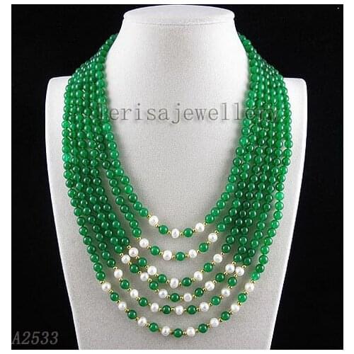 Terisa Pearljewellery 6 Rows Round Jades White Freshwater Pearl Necklace AA 4-6MM Handmade Fashion Ladys Gift Jewelry