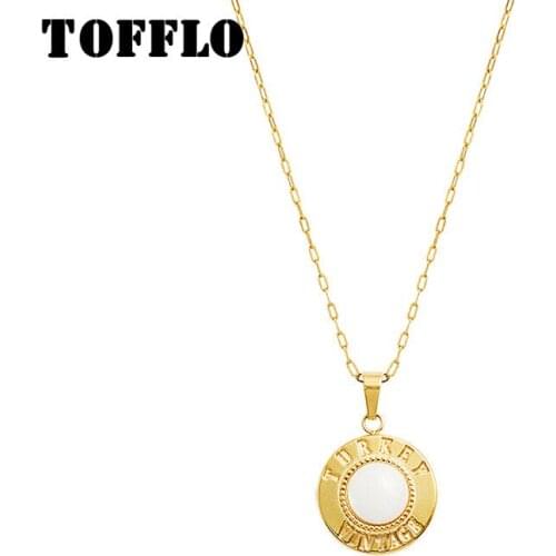 TOFFLO Stainless Steel Jewelry Shell Letter English Round Card Necklace Female Clavicle Neck Chain Hip-Hop Necklace BSP753