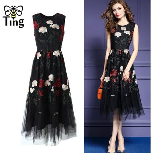 Tingfly Runway Classic Voile Rose Embroidery Midi Black Party Dinner Night Dresses Sleeveless Summer Ball Gown Dress Haut Robes