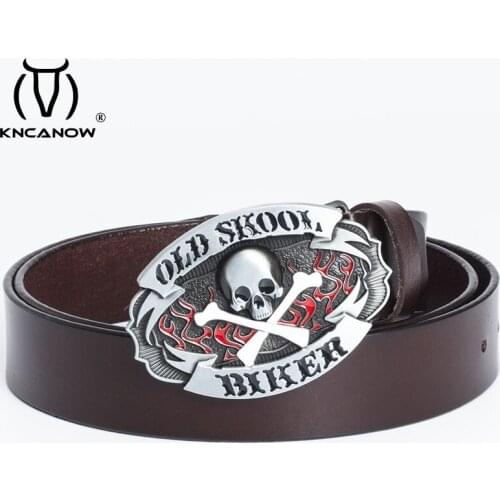 Fashion Mens Genuine Leather Belt Old Skool Buckle Cowboy Biker Strap Male Ceinture Homme Cinturon Harajuku Jeans Waist Girdles