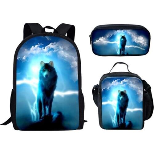 Color animal 3pcs Set Girl Boy Backpack Wolf Printing Schoolbag College Student Mochila Rucksack Kid School Bags