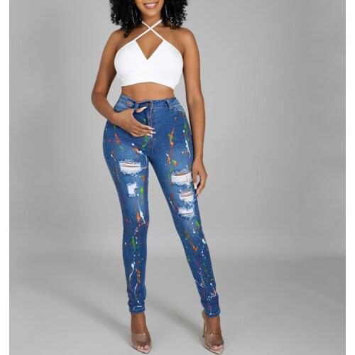 Chic Ripped Hole Leggings Pencil Jeans Sexy High Waist Printed Casual Slim Bodycon Denim Pants 2021 Autumn Fairy Grunge Clothes