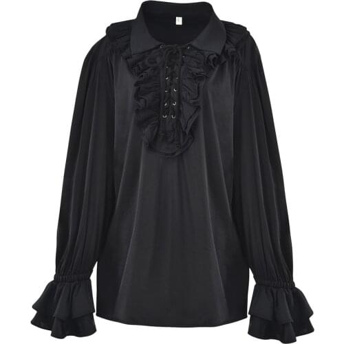 Medieval retro costumes new men and women can be puffy sleeve pullover shirt Lace-up collar pleated top in stock cosplay
