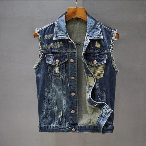 Vintage Cotton Mens Denim Vest Fashion Slim Hole Stitching Embroidery Jean Jacket Personality Trendy Motorcycle Coat Streetwear