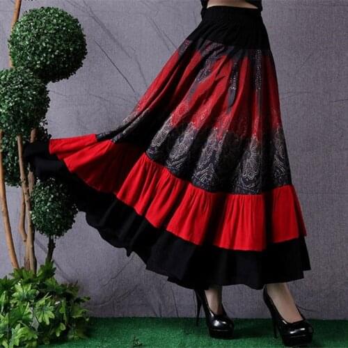 Ethnic Style Womens Long Skirt Stitching Fashion Elastic Waist Skirt Retro Large Size Dance Skirt Women Saia Mujer Faldas f2682