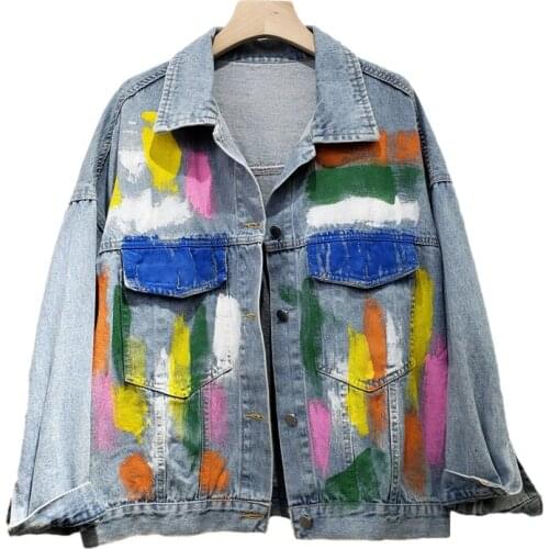 Streetwear Fashion Hand Painted Graffiti Denim Jacket Coat Women Student Outerwear Short White Black Blue Jeans Jackets Female