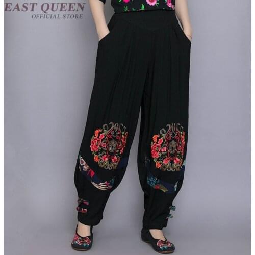 Vintage Harem Pants Women 2019 Ethinc Cotton Linen Trousers Floral Embroidery Bloomers Black Traditional Chinese Pants TA1691