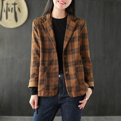 QPFJQD Ladies Plaid Cotton Suit Coat Tailored Collar Long Sleeve Spring Autumn Retro Korean Style Female Pocket Button Jackets