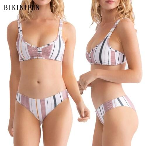 2020 New Sexy Scoop Neck Swimwear Women Stripped Swimsuit Backless Bathing Suit S-XL Girl Ribbed Beachwear Low Waist Bikini Set