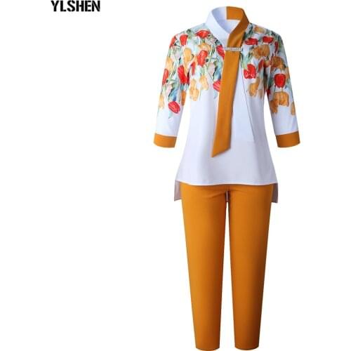 2021 Dashiki African Clothes New Fashion Suit (Dress and Trousers) Cross Splicing Necktie Buttons Collar Print Dresses For Lady