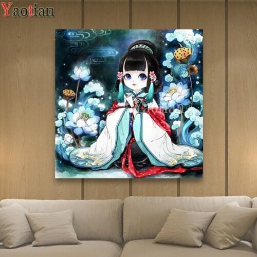 3D Diamond Embroidery Japan Cartoon Girl Lotus Rhinestones Pictures Diamond Painting Cross Stitch Diamond Mosaic stickers