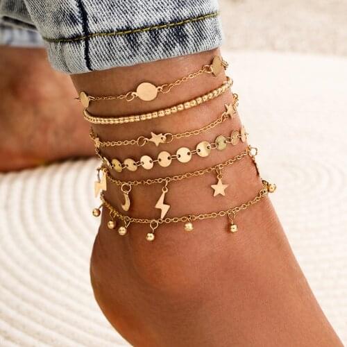 YADA gold lightning&star Pentagram Anklets Bracelet for Women Layer moon Foot Ankle Beach Barefoot Sandals Ankle Female AT200078