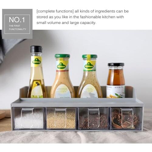 Household Multi-Function Kitchen Storage Box 4 Grid Transparent Seasoning Box With Spoon Seasoning Rack Set