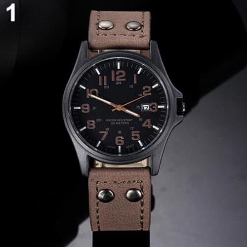 Mens Date Arabic Numerals Dial Faux Leather Band Sport Quartz Wrist Watch Stainless Steel Mens Time Displays Military Watches