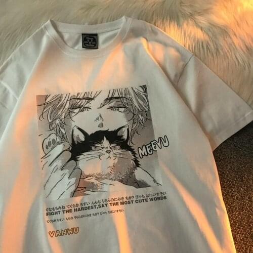 Kawaii T Shirt for Women Girl Harajuku Tshirt Korean Alt Clothes Streetwear Anime Cat Graphic Clothing 90s Tee Purple White