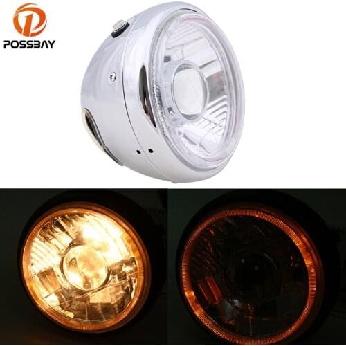 POSSBAY Chrome Vintage Motorcycle Halogen Headlight Motorbike Angle Eyes Headlamps Amber/Blue Lights Universal for Honda Yamaha