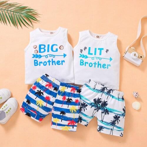 2021 0-18M Brother Matching Infant Baby Boy Clothing Summer Letter Print Top Vest+Coconut Tree Print Shorts Cotton 2pcs Set