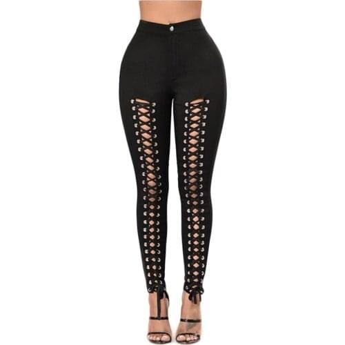 New 2016 Hot Autumn Women High Waist Hollow Out Bandage Leggings Sexy Black Hip Hop Harajuku Skinny Stretched Club Party Legging