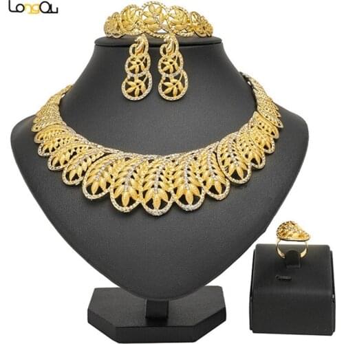 Longqu Exquisite Dubai gold Jewelry Set Wholesale 2019 Nigerian Wedding African Beads Jewelry Set brand statement jewelry set