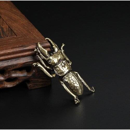 Solid Copper Beetle Miniatures Figurines Home Office Decoration Simulation Brass Long Horn Taurus Insect Ornaments Funny Gifts