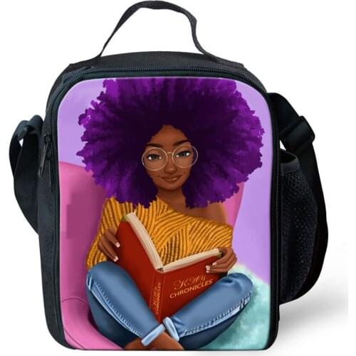 HaoYun Fashion Kids Insulated Lunch Bag Black African Girls Pattern Students Water-proof Lunch Box Girls Picnic Snacks Container